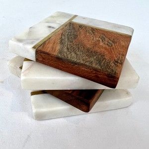 Contemporary White Marble Wood Gold Metal Coasters Set of 4 Made in India Modern